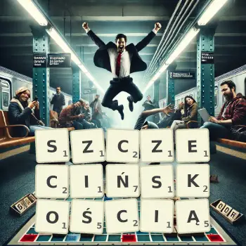 Kreatywna ilustracja do gry w Scrabble ze słowem SZCZECIŃSKOŚCIĄ ułożonym z płytek na planszy.