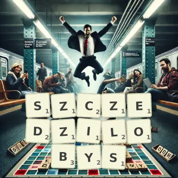 Kreatywna ilustracja do gry w Scrabble ze słowem SZCZEDZILOBYS ułożonym z płytek na planszy.