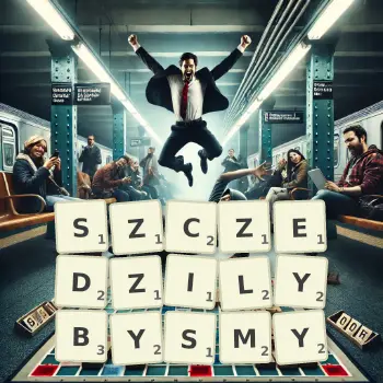 Kreatywna ilustracja do gry w Scrabble ze słowem SZCZEDZILYBYSMY ułożonym z płytek na planszy.