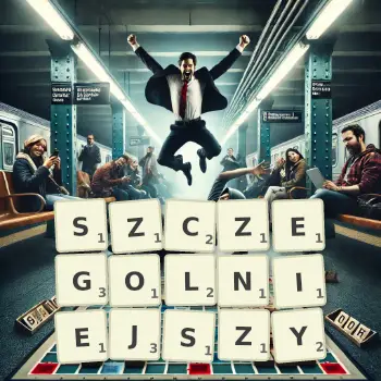 Kreatywna ilustracja do gry w Scrabble ze słowem SZCZEGOLNIEJSZY ułożonym z płytek na planszy.