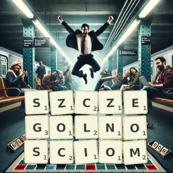Kreatywna ilustracja do gry w Scrabble ze słowem SZCZEGOLNOSCIOM ułożonym z płytek na planszy.