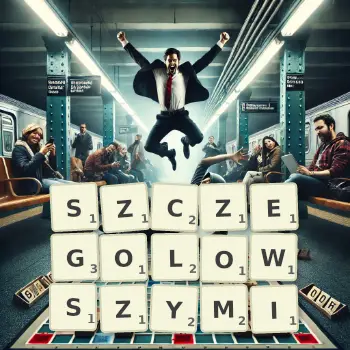 Kreatywna ilustracja do gry w Scrabble ze słowem SZCZEGOLOWSZYMI ułożonym z płytek na planszy.