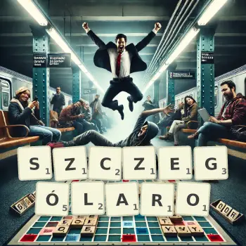Kreatywna ilustracja do gry w Scrabble ze słowem SZCZEGÓLARO ułożonym z płytek na planszy.