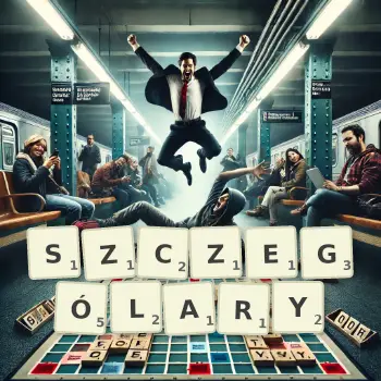 Kreatywna ilustracja do gry w Scrabble ze słowem SZCZEGÓLARY ułożonym z płytek na planszy.