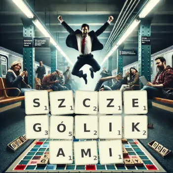 Kreatywna ilustracja do gry w Scrabble ze słowem SZCZEGÓLIKAMI ułożonym z płytek na planszy.