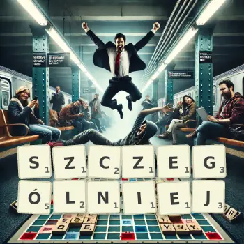Kreatywna ilustracja do gry w Scrabble ze słowem SZCZEGÓLNIEJ ułożonym z płytek na planszy.