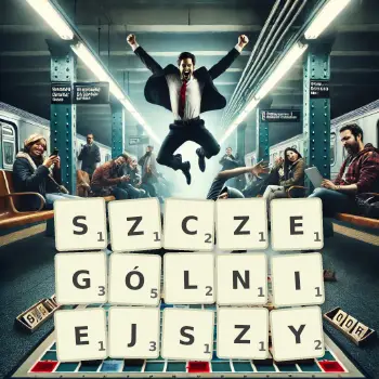 Kreatywna ilustracja do gry w Scrabble ze słowem SZCZEGÓLNIEJSZY ułożonym z płytek na planszy.