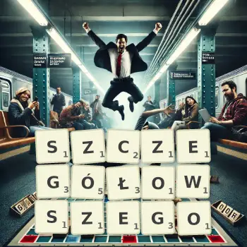 Kreatywna ilustracja do gry w Scrabble ze słowem SZCZEGÓŁOWSZEGO ułożonym z płytek na planszy.