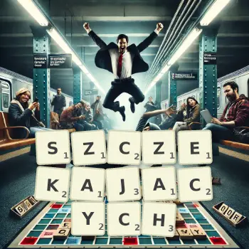 Kreatywna ilustracja do gry w Scrabble ze słowem SZCZEKAJACYCH ułożonym z płytek na planszy.
