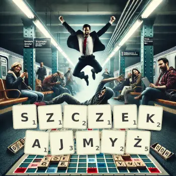 Kreatywna ilustracja do gry w Scrabble ze słowem SZCZEKAJMYŻ ułożonym z płytek na planszy.