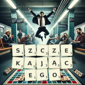 Kreatywna ilustracja do gry w Scrabble ze słowem SZCZEKAJĄCEGO ułożonym z płytek na planszy.