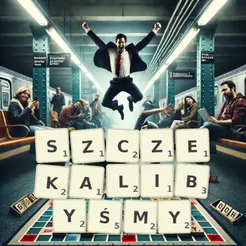 Kreatywna ilustracja do gry w Scrabble ze słowem SZCZEKALIBYŚMY ułożonym z płytek na planszy.