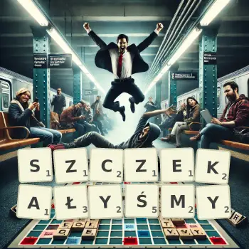 Kreatywna ilustracja do gry w Scrabble ze słowem SZCZEKAŁYŚMY ułożonym z płytek na planszy.