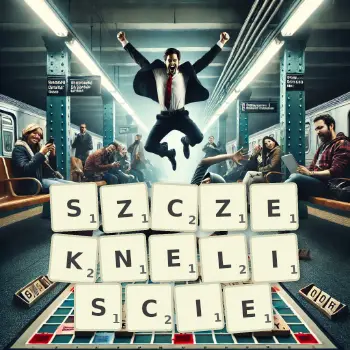 Kreatywna ilustracja do gry w Scrabble ze słowem SZCZEKNELISCIE ułożonym z płytek na planszy.