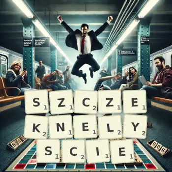 Kreatywna ilustracja do gry w Scrabble ze słowem SZCZEKNELYSCIE ułożonym z płytek na planszy.