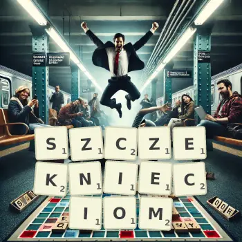 Kreatywna ilustracja do gry w Scrabble ze słowem SZCZEKNIECIOM ułożonym z płytek na planszy.