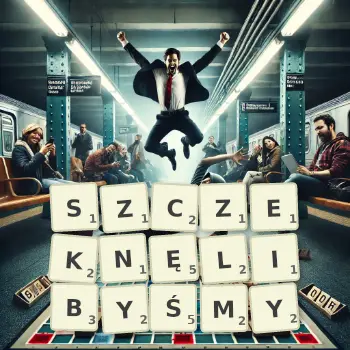Kreatywna ilustracja do gry w Scrabble ze słowem SZCZEKNĘLIBYŚMY ułożonym z płytek na planszy.