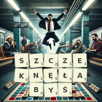 Kreatywna ilustracja do gry w Scrabble ze słowem SZCZEKNĘŁABYŚ ułożonym z płytek na planszy.