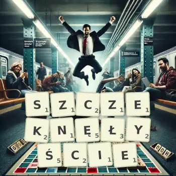 Kreatywna ilustracja do gry w Scrabble ze słowem SZCZEKNĘŁYŚCIE ułożonym z płytek na planszy.