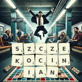 Kreatywna ilustracja do gry w Scrabble ze słowem SZCZEKOCINIAN ułożonym z płytek na planszy.