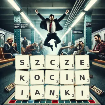 Kreatywna ilustracja do gry w Scrabble ze słowem SZCZEKOCINIANKI ułożonym z płytek na planszy.