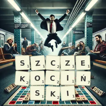 Kreatywna ilustracja do gry w Scrabble ze słowem SZCZEKOCIŃSKI ułożonym z płytek na planszy.