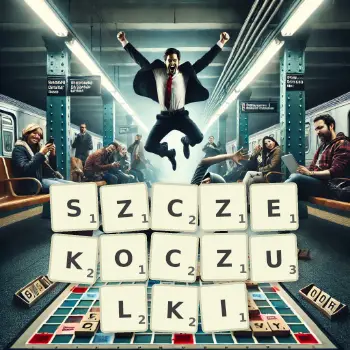 Kreatywna ilustracja do gry w Scrabble ze słowem SZCZEKOCZULKI ułożonym z płytek na planszy.