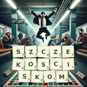 Kreatywna ilustracja do gry w Scrabble ze słowem SZCZEKOSCISKOM ułożonym z płytek na planszy.