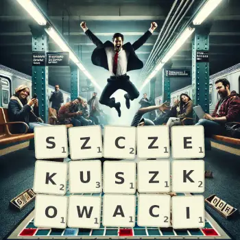 Kreatywna ilustracja do gry w Scrabble ze słowem SZCZEKUSZKOWACI ułożonym z płytek na planszy.