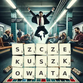 Kreatywna ilustracja do gry w Scrabble ze słowem SZCZEKUSZKOWATA ułożonym z płytek na planszy.