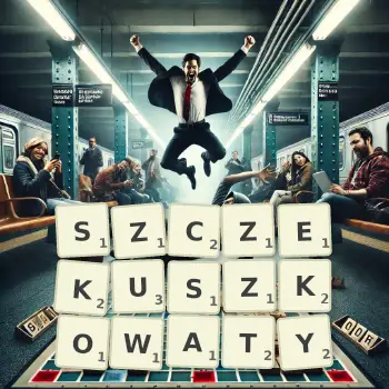 Kreatywna ilustracja do gry w Scrabble ze słowem SZCZEKUSZKOWATY ułożonym z płytek na planszy.