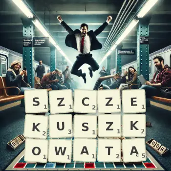 Kreatywna ilustracja do gry w Scrabble ze słowem SZCZEKUSZKOWATĄ ułożonym z płytek na planszy.
