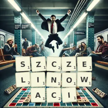 Kreatywna ilustracja do gry w Scrabble ze słowem SZCZELINOWACI ułożonym z płytek na planszy.