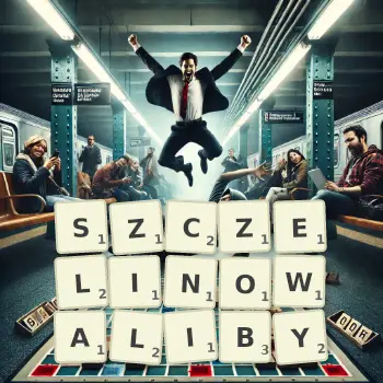 Kreatywna ilustracja do gry w Scrabble ze słowem SZCZELINOWALIBY ułożonym z płytek na planszy.