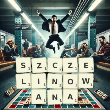 Kreatywna ilustracja do gry w Scrabble ze słowem SZCZELINOWANA ułożonym z płytek na planszy.