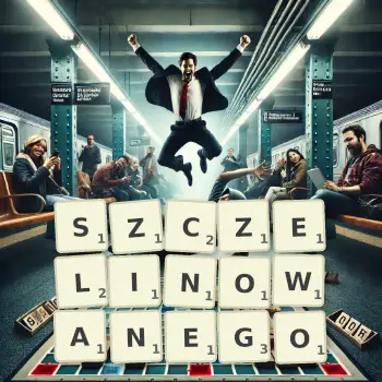 Kreatywna ilustracja do gry w Scrabble ze słowem SZCZELINOWANEGO ułożonym z płytek na planszy.