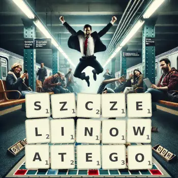 Kreatywna ilustracja do gry w Scrabble ze słowem SZCZELINOWATEGO ułożonym z płytek na planszy.