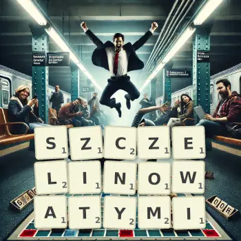Kreatywna ilustracja do gry w Scrabble ze słowem SZCZELINOWATYMI ułożonym z płytek na planszy.