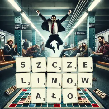 Kreatywna ilustracja do gry w Scrabble ze słowem SZCZELINOWAŁO ułożonym z płytek na planszy.
