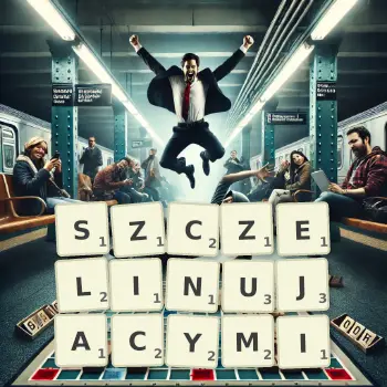 Kreatywna ilustracja do gry w Scrabble ze słowem SZCZELINUJACYMI ułożonym z płytek na planszy.