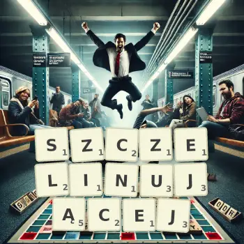 Kreatywna ilustracja do gry w Scrabble ze słowem SZCZELINUJĄCEJ ułożonym z płytek na planszy.