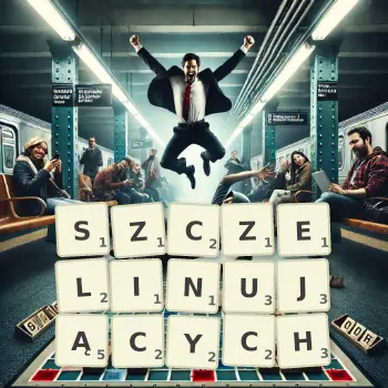 Kreatywna ilustracja do gry w Scrabble ze słowem SZCZELINUJĄCYCH ułożonym z płytek na planszy.