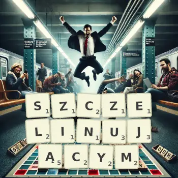 Kreatywna ilustracja do gry w Scrabble ze słowem SZCZELINUJĄCYM ułożonym z płytek na planszy.