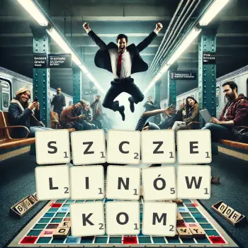 Kreatywna ilustracja do gry w Scrabble ze słowem SZCZELINÓWKOM ułożonym z płytek na planszy.