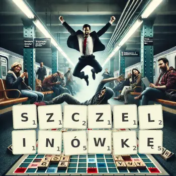 Kreatywna ilustracja do gry w Scrabble ze słowem SZCZELINÓWKĘ ułożonym z płytek na planszy.