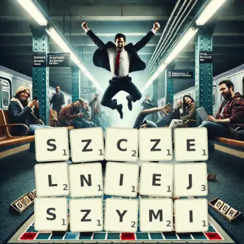 Kreatywna ilustracja do gry w Scrabble ze słowem SZCZELNIEJSZYMI ułożonym z płytek na planszy.
