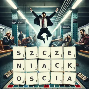 Kreatywna ilustracja do gry w Scrabble ze słowem SZCZENIACKOSCIA ułożonym z płytek na planszy.
