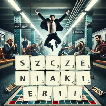 Kreatywna ilustracja do gry w Scrabble ze słowem SZCZENIAKIERII ułożonym z płytek na planszy.