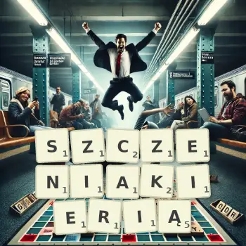 Kreatywna ilustracja do gry w Scrabble ze słowem SZCZENIAKIERIĄ ułożonym z płytek na planszy.