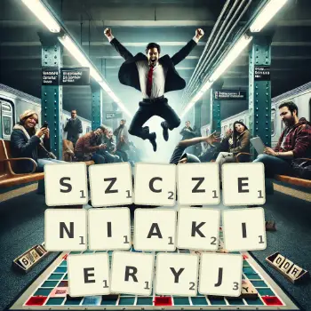 Kreatywna ilustracja do gry w Scrabble ze słowem SZCZENIAKIERYJ ułożonym z płytek na planszy.